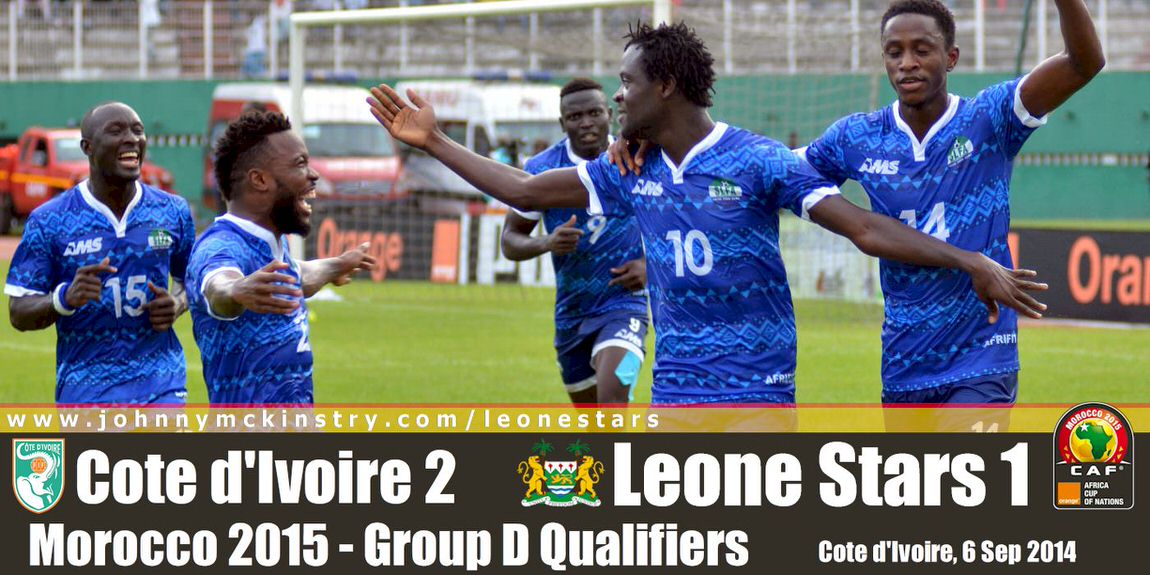 The Leone Stars celebrate going 1-nil in the first half [Leone Stars v Ivory Coast, 6 September 2014 (Pic © Darren McKinstry / www.johnnymckinstry.com)]