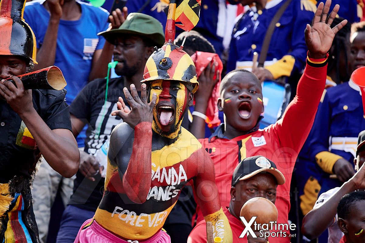 Kampala, Uganda. 17 Nov 2019.  Uganda fans celebrate Emmanuel Okwi (7, Uganda) putting Uganda 1-0 ahead.   Uganda v Malawi, CAF Nations Cup / African Cup of Nations Qualifier.  Nelson Mandela Stadium at Namboole.  Credit: XtraTimeSports (Darren McKinstry)
